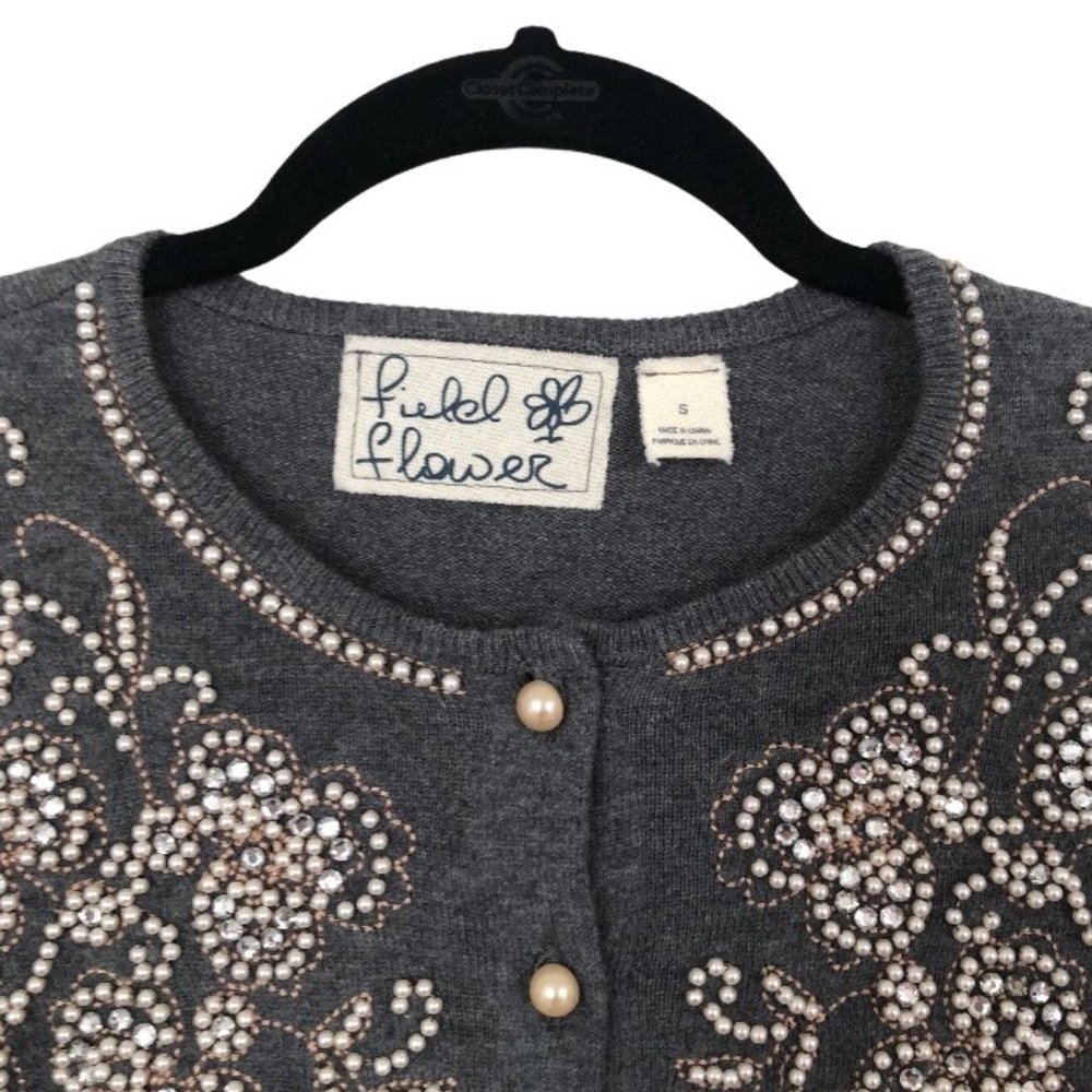 Anthropologie Pearl Embellished Gray Cardigan Sz S - Picture 5 of 12
